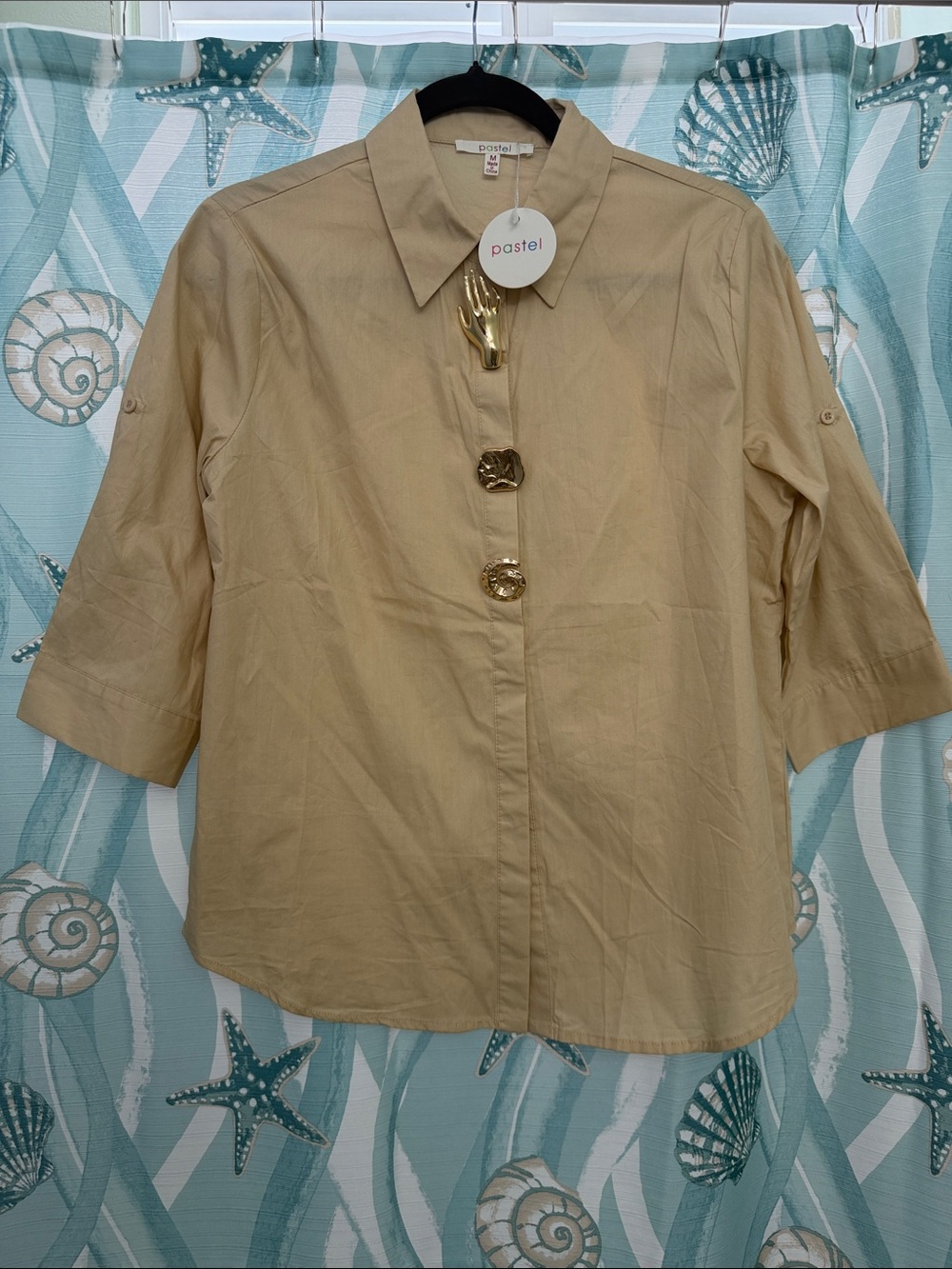 Pastels Women's Beige Button-Front Collared Shirt with Gold Buttons